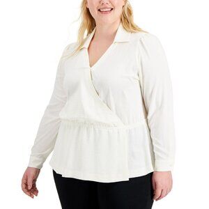 Alfani Womens Plus Size 1X Surplice Peplum Blouse Off-White Elastic Waist New